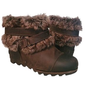 Sorel Joan Of Arctic Brown Leather Suede Faux Fur Wedge Ankle Boots Booties 9